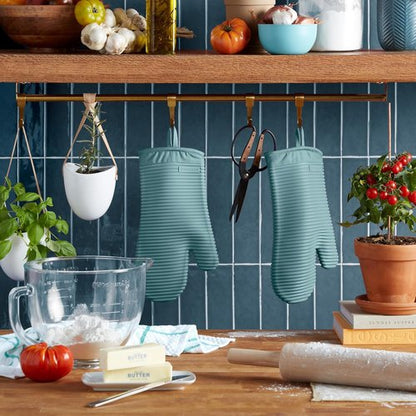 KitchenAid Ribbed Soft Silicone Oven Mitts - 2-Pack Set, 7.5"x13", Mineral Water Aqua