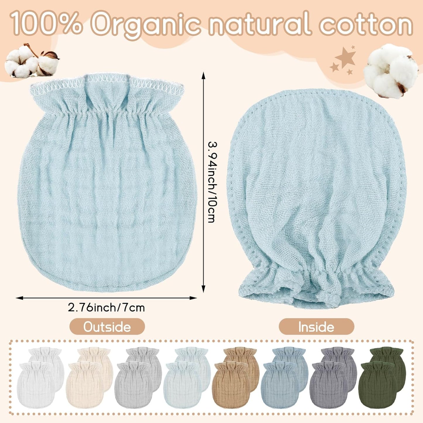 Skiennix Newborn Baby Muslin Mittens - Soft, Breathable No-Scratch Gloves for Infants 0-6 Months
