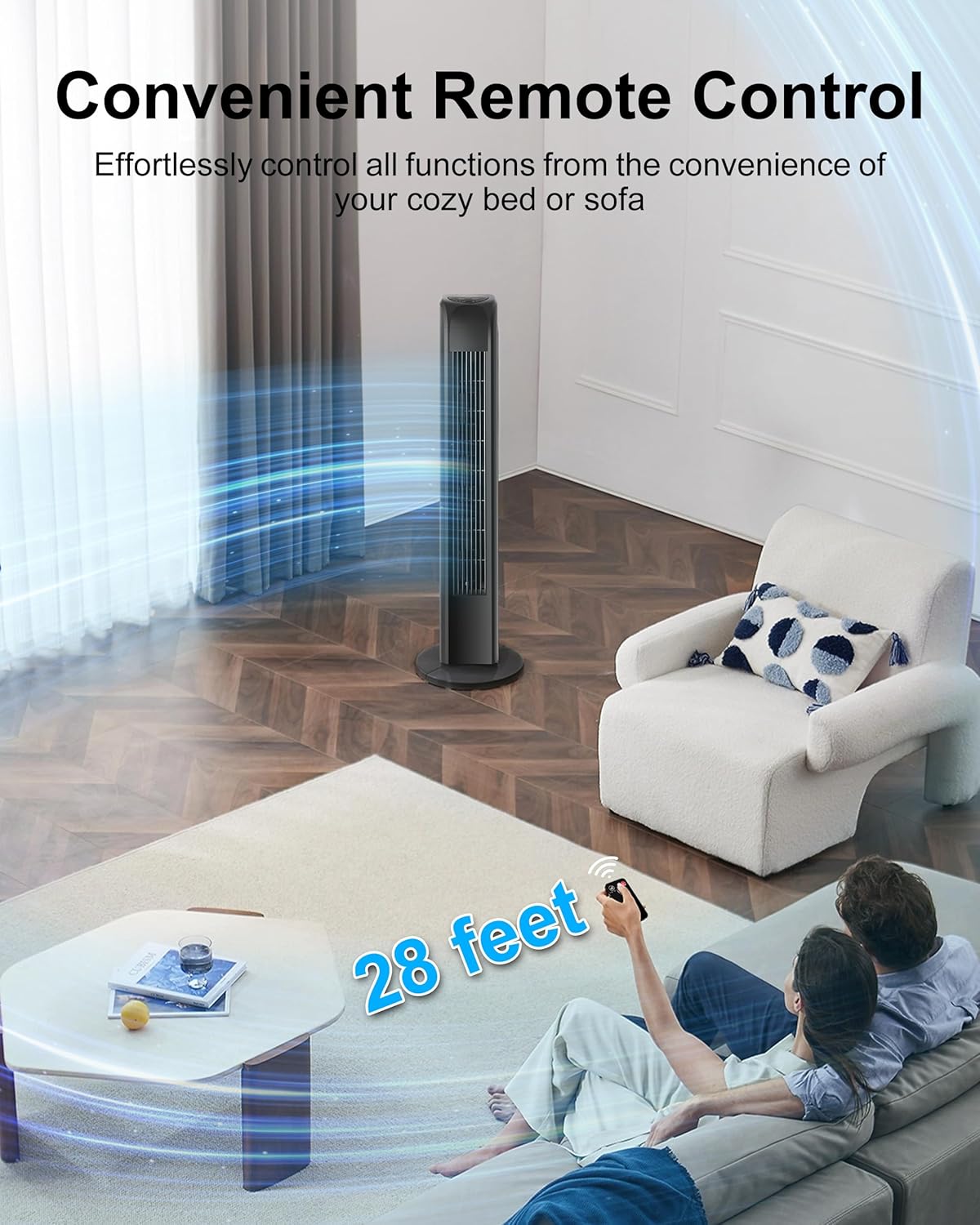 Uthfy Oscillating Tower Fan - Quiet Bladeless Design with Remote Control | 30-Inch Black Floor Fan for Home & Office