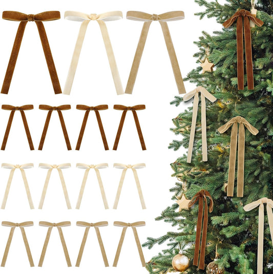 Skiennix 24 Pcs Velvet Bows - Vintage Ribbon Decorations for Christmas Tree & Crafts | 5 x 7 Inch, Khaki, Ivory, Nude