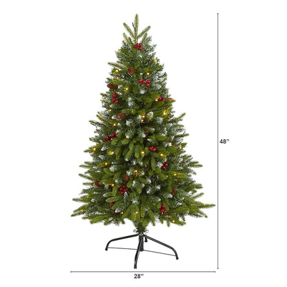 Snow Tipped Portland Spruce Prelit Christmas Tree, 4 ft with Frosted Berries & Pinecones - 100 LED Lights