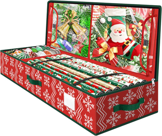 Skiennix Christmas Wrapping Paper Organizer - Flexible Partition & Pockets for Holiday Storage | Red Wave & Snowflake Design