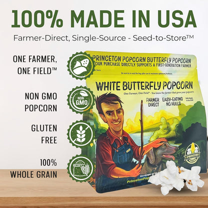 Princeton Farmer Bob's Baby White Popcorn Kernels - Tender Hulless 2lb Bag | Fresh, Delicious Flavor for Oil, Microwave, or Air Popper