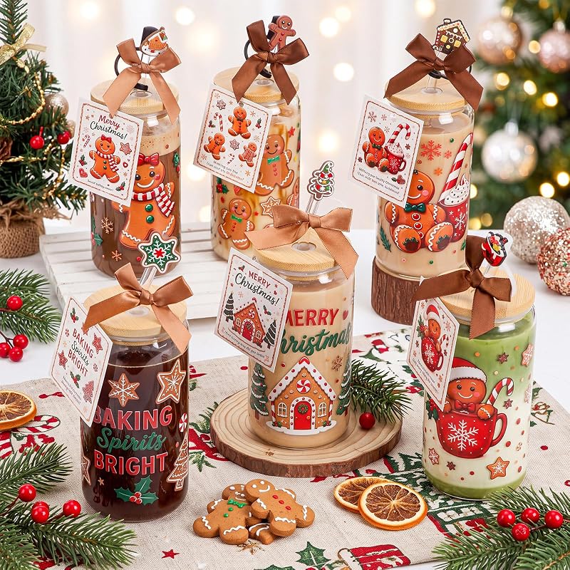 6 Pcs Christmas Glass Cups with Lids, Straws & Stoppers - Gingerbread Man (Variation of THIS listing: 6+Gingerbread Man)