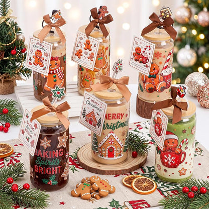 6 Pcs Christmas Glass Cups with Lids, Straws & Stoppers - Gingerbread Man (Variation of THIS listing: 6+Gingerbread Man)