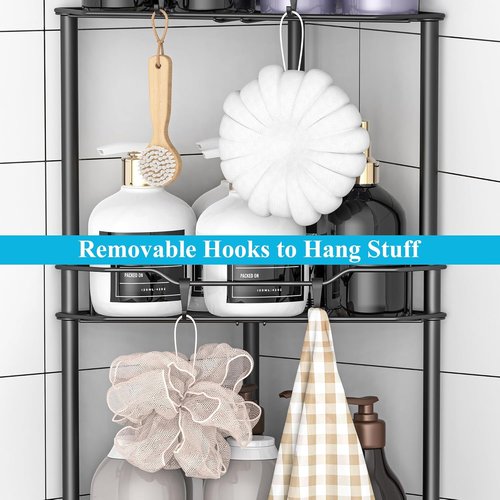 HuggieGems Corner Shower Caddy Organizer - 4 Tier Floor Standing Shelf with Hooks | Matte Black Finish