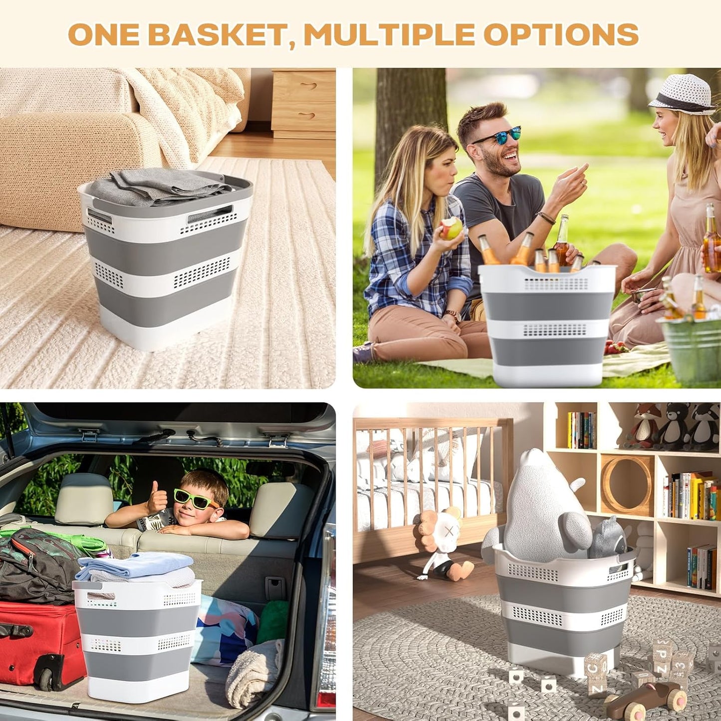 OOAMBB Collapsible Laundry Basket - 43L Foldable Storage Container with Handles | Grey, 1 Pack