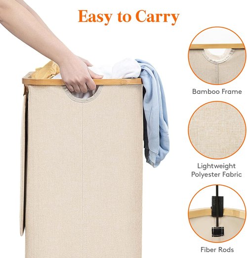 Lifewit 80L Laundry Basket - Foldable Hamper with Lid & Bamboo Handles | Beige, Removable Bag Included