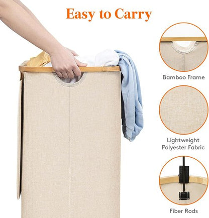 Lifewit 80L Laundry Basket - Foldable Hamper with Lid & Bamboo Handles | Beige, Removable Bag Included