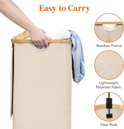 Lifewit 100L Laundry Basket - Foldable Hamper with Lid & Bamboo Handles | Beige, Large Capacity