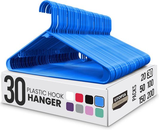 Utopia Home Plastic Hangers - Durable & Space-Saving Clothes Hangers with Hooks | 30 Pack (Blue)