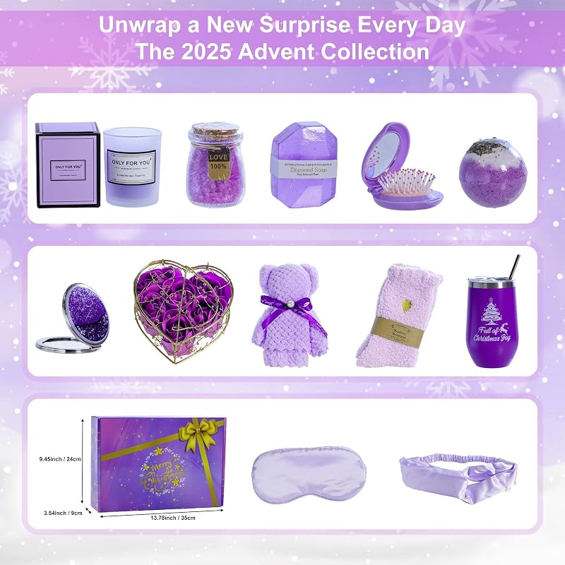 Lavender Spa Advent Calendar 2026 for Women – Purple Countdown Gift Set with Bath Accessories
