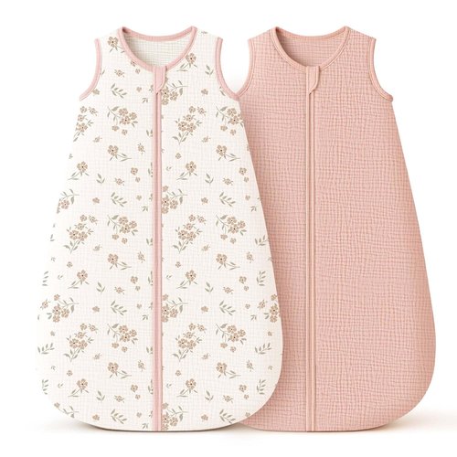 Konssy Muslin Baby Sleep Sack - 100% Cotton Wearable Blanket for 6-12 Months | 2-Pack, 0.8 TOG, Pink Blossom