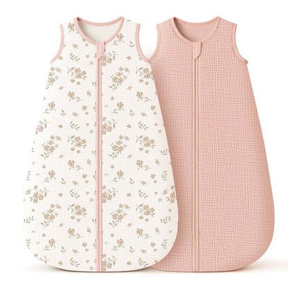 Konssy Muslin Baby Sleep Sack - 100% Cotton Wearable Blanket for 6-12 Months | 2-Pack, 0.8 TOG, Pink Blossom