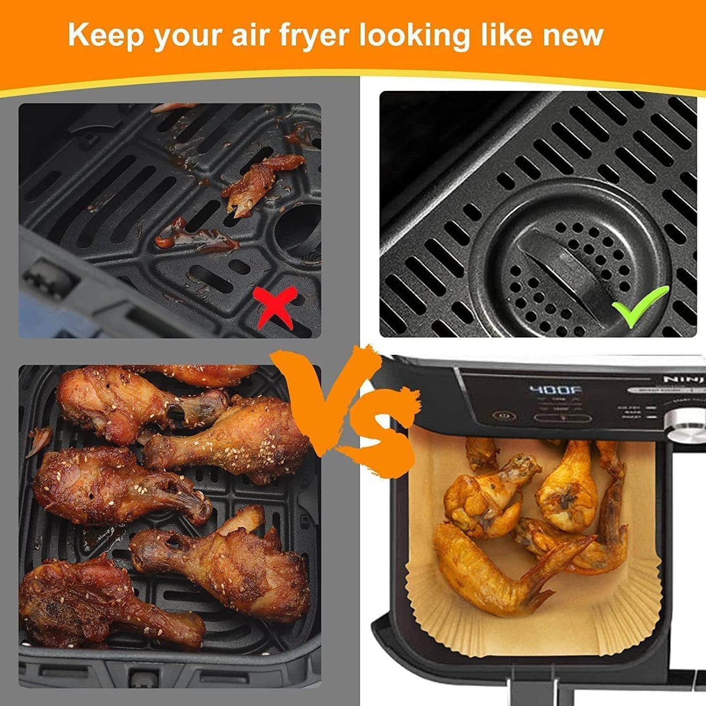 Ninja Foodi Air Fryer Paper Liners - 200 Disposable Rectangle Inserts for Dual Zone Air Fryers | 9'' x 6''