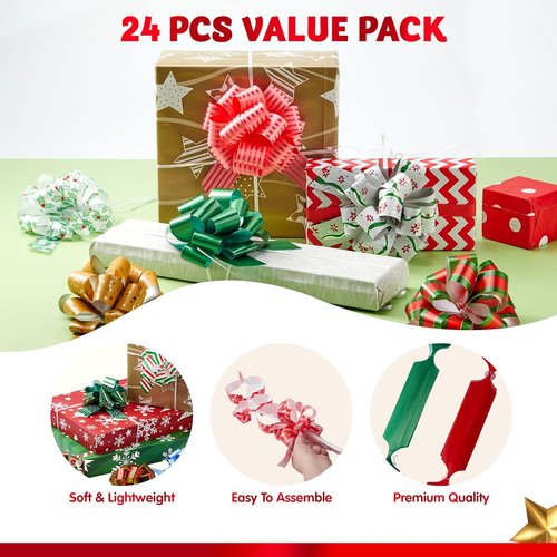 JOYIN 24 PCS Christmas Wrap Ribbon Pull Bows - Easy Gift Wrapping Accessory for Presents & Baskets