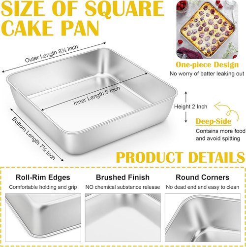 E-far Stainless Steel Square Cake Pans - Set of 2, 8x8 Inch Non-Toxic Bakeware for Lasagna & Brownies