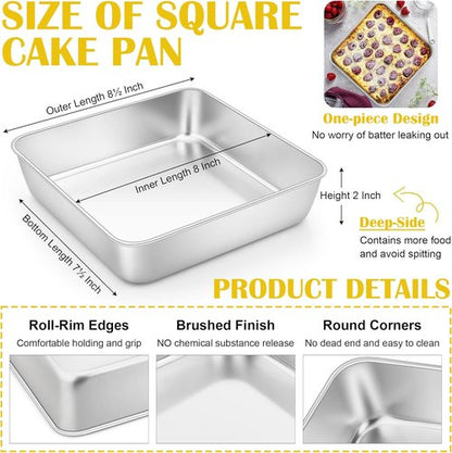 E-far Stainless Steel Square Cake Pans - Set of 2, 8x8 Inch Non-Toxic Bakeware for Lasagna & Brownies