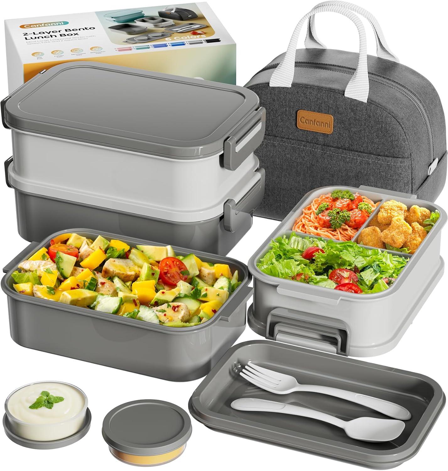 Skiennix Bento Box - Insulated Lunch Bag, 74oz Capacity, 3 Stackable, Leak-Proof, BPA-Free, Microwave Safe - Dusk Gray