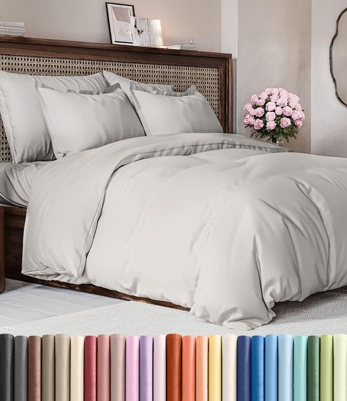 Duvet Cover Queen Size Set - Extra Soft Queen Duvet Cover 90" x 90" with 2 Pillow Shams - Hotel Luxury, Easy Care & Fade Free with Zipper Closures & Ties - All Season, Comfy & Breathable (French Grey)