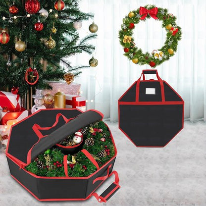 Christmas Wreath Storage Box - 30 Inch Hard Shell with Interior Pockets & Dual Zippers | Black