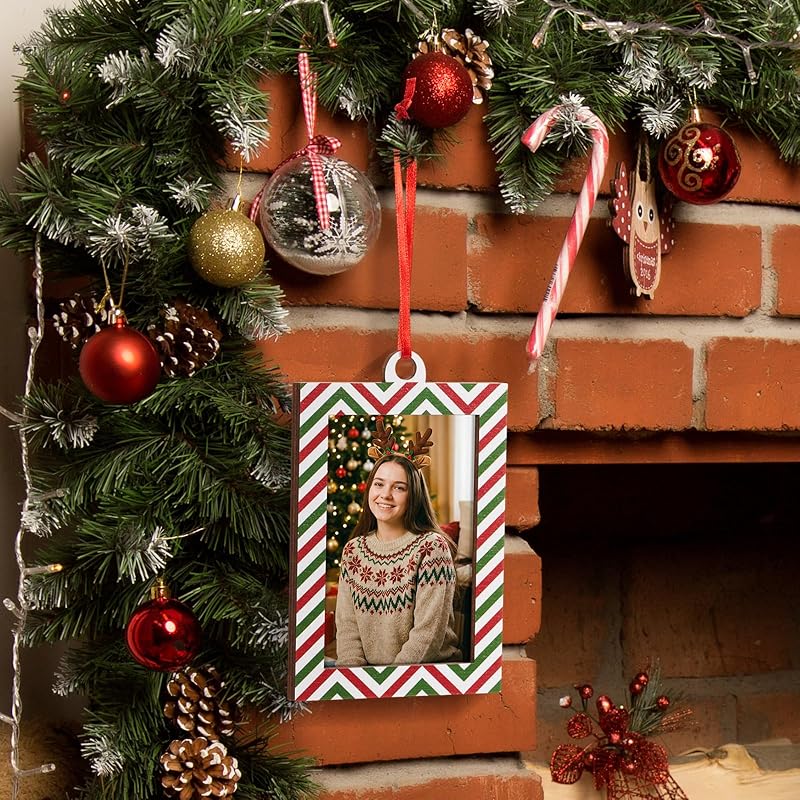 4 x 6 Inch Christmas Photo Frame - Striped Wooden Tabletop Ornament (Variation: Christmas Striped)