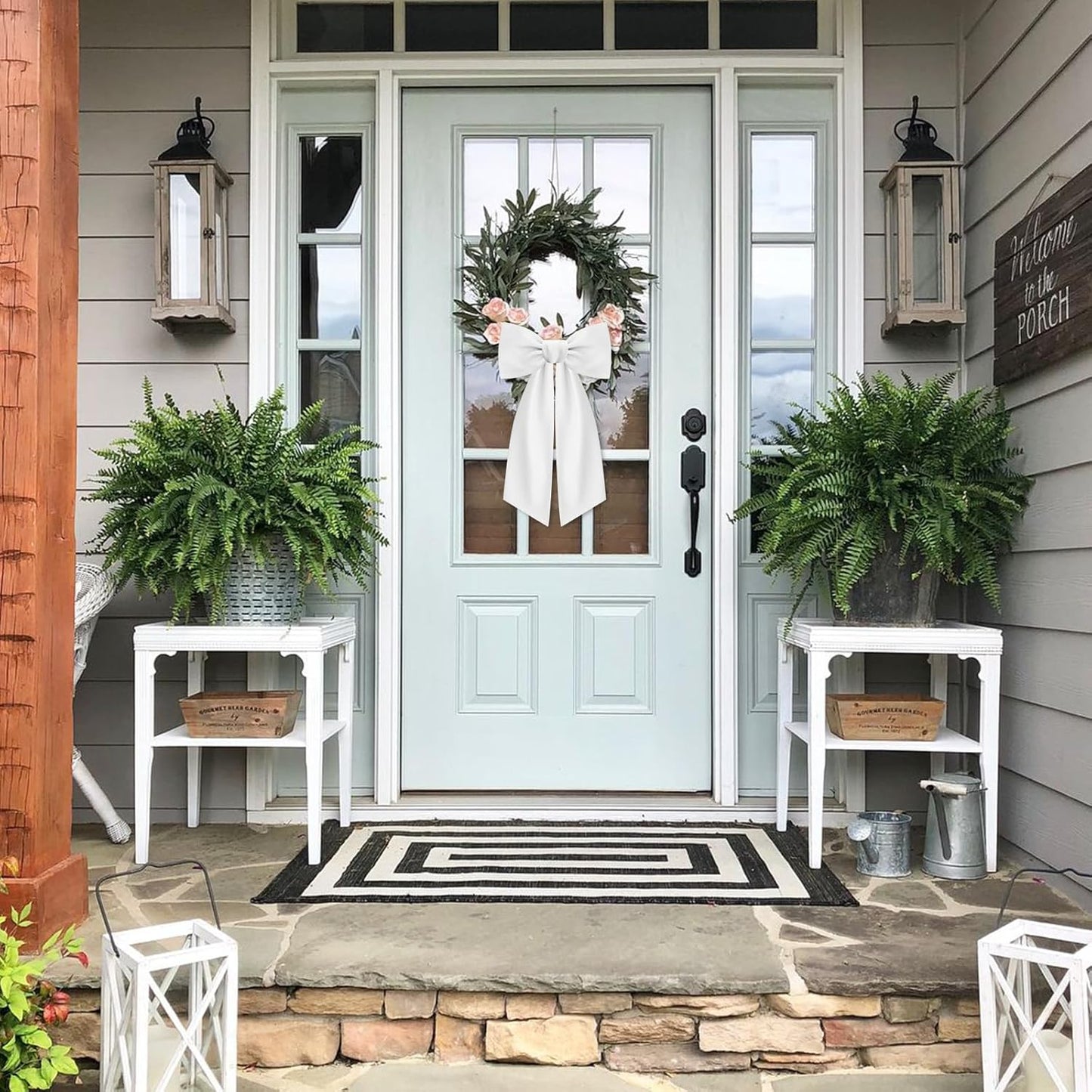 Skiennix White Wreath Sash - Elegant Linen Ribbon Bow for Front Door & Porch Decor | 2 Pcs Set