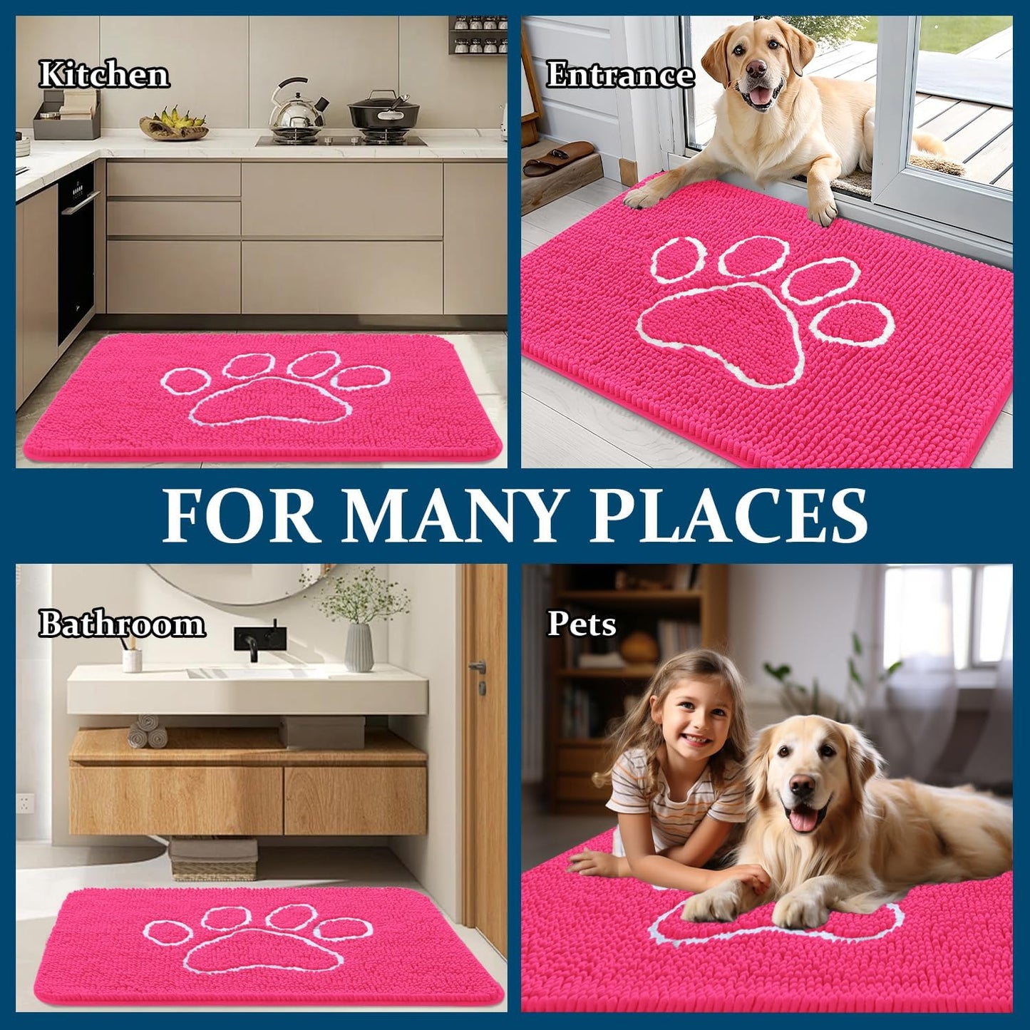 OLANLY Dog Door Mat - Absorbent Non-Slip Mud Mat for Muddy Paws | 36x24 Hot Pink Chenille Design