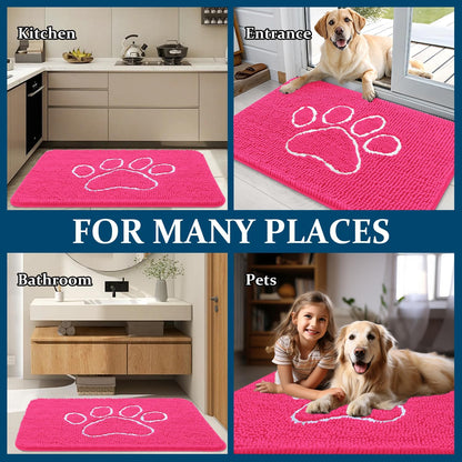 OLANLY Dog Door Mat - Absorbent Non-Slip Mud Mat for Muddy Paws | 36x24 Hot Pink Chenille Design