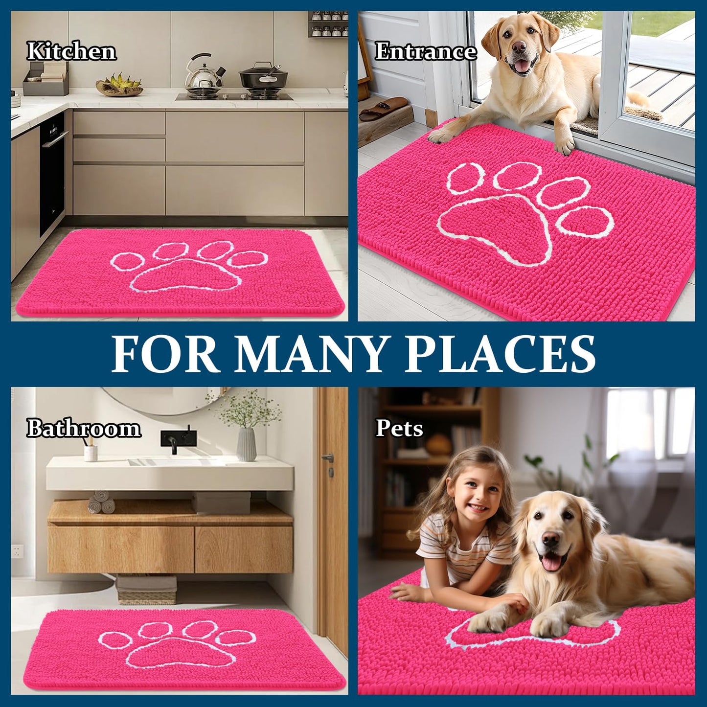 OLANLY Dog Door Mat for Muddy Paws 36x24, Paw Print Design, Absorbs Moisture and Dirt, Absorbent Non-Slip Washable Doormat, Quick Dry Chenille Mud Mat for Dogs, Entry Indoor Entryway Carpet, Hot Pink
