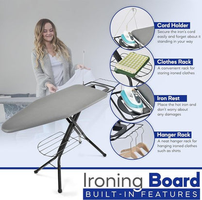 BKTD Extra-Wide Ironing Board - 48" x 18" Large Surface with Built-in Clothes Rack & Adjustable Height - Black Grey