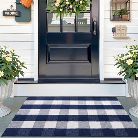OLANLY Buffalo Plaid Rug 2'4" x 3'7" (27.5" x 43") – Navy and White Cotton Checkered Doormat, Washable Indoor Outdoor Rug for Layered Front Porch, Kitchen, Entryway Decor