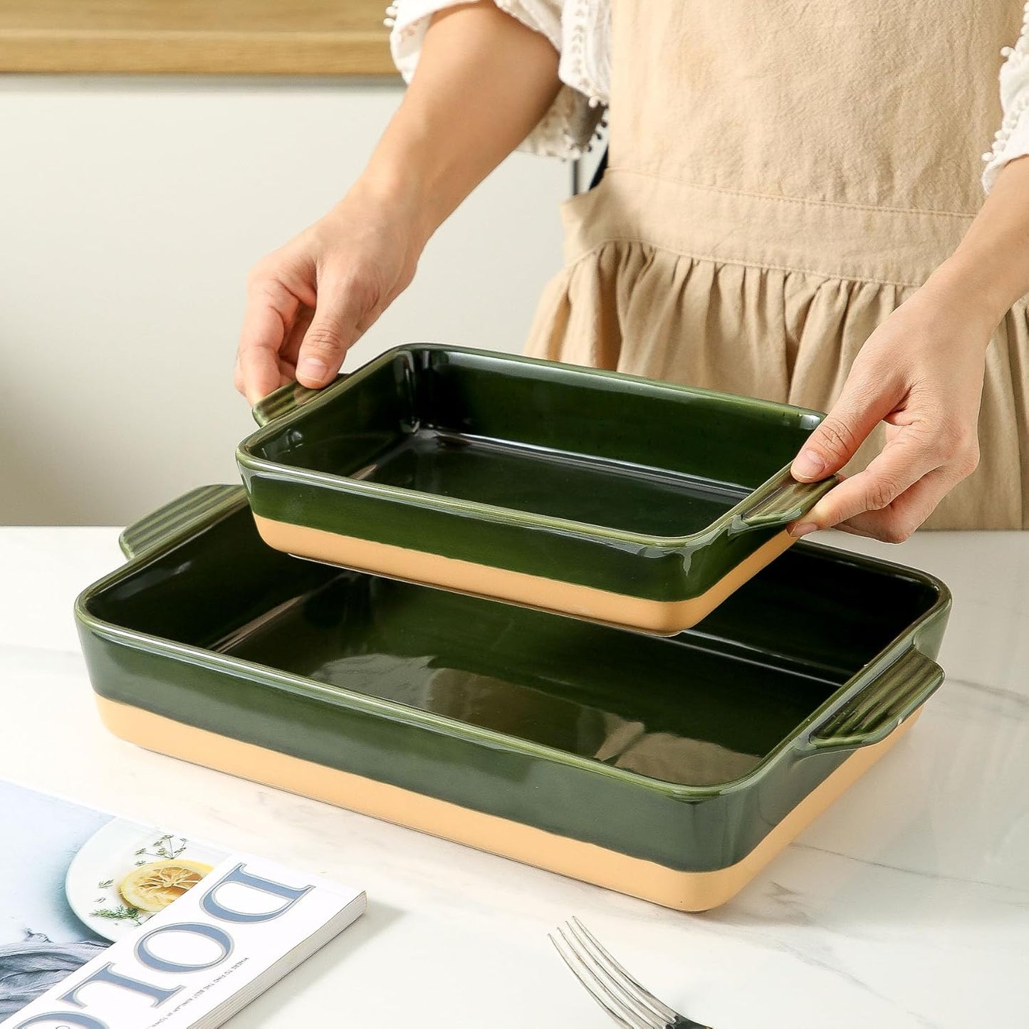 Regine Switzerland Ceramic Baking Casserole Dish - Large 9x13 Inch Pan with Handles in Forest Green