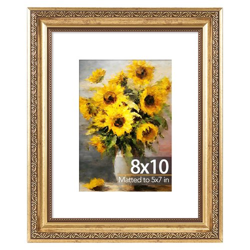 JCJMY 8x10 Vintage Picture Frame with 5x7 Mat, Elegant Retro 8 by 10 Photo Frame with Shatter-Resistant Plexiglass for Wall or Tabletop Display, Gallery Decor & Gift, Gold, 1 Pack