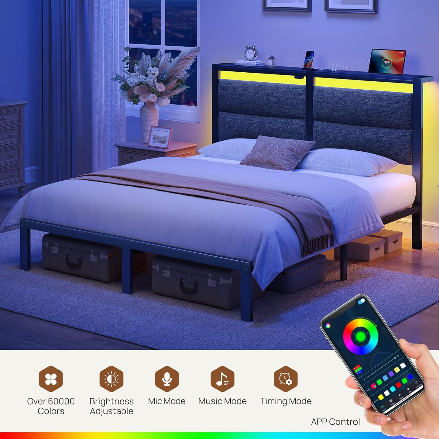Rolanstar Full Size Bed Frame - LED Upholstered Storage Headboard with Charging Station | Grey