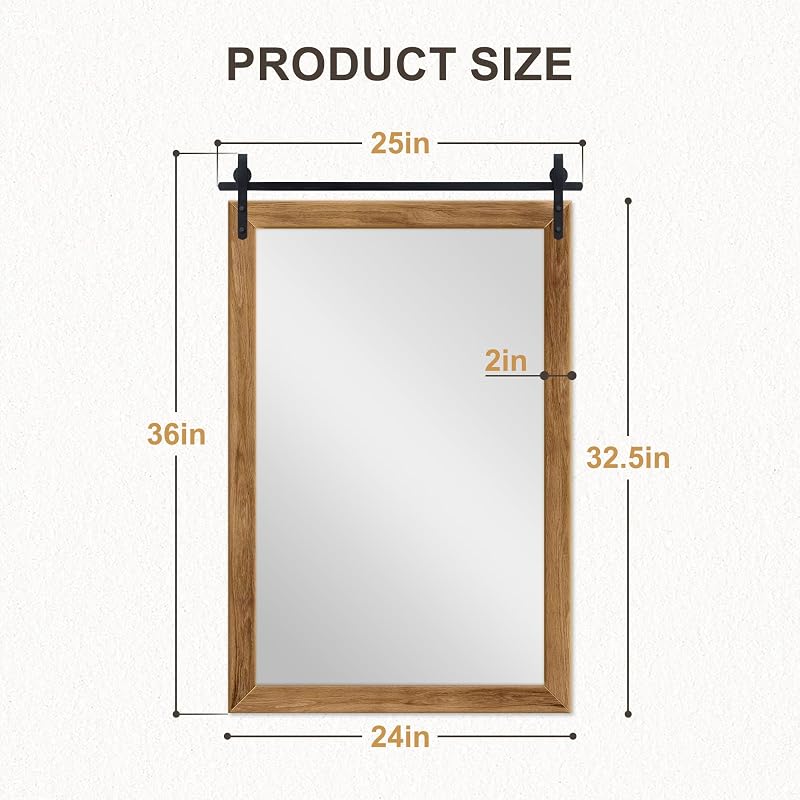 Wood Bathroom Mirror 24x36 in Farmhouse Brown Barn Door Design - Ready to Hang