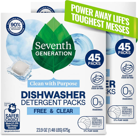 Seventh Generation Dishwasher Detergent Packs - Free & Clear | 45 Count for Sparkling Clean Dishes