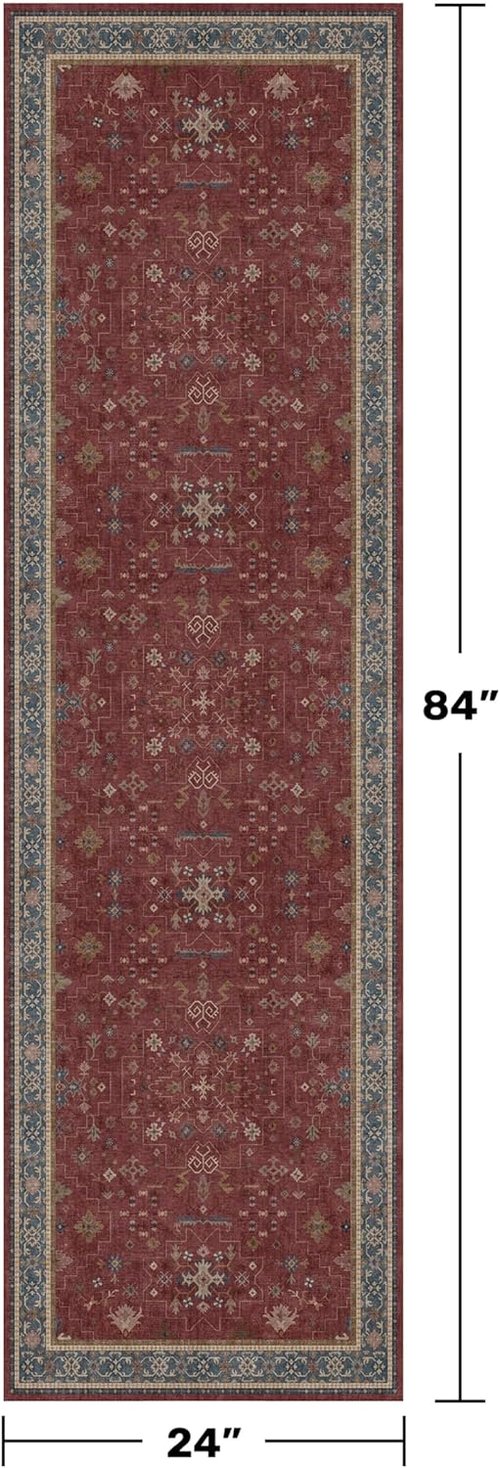 Boho 2x7 Long Runner - Washable Non-Slip Indoor Floor Mat in Dark Red Floral Design