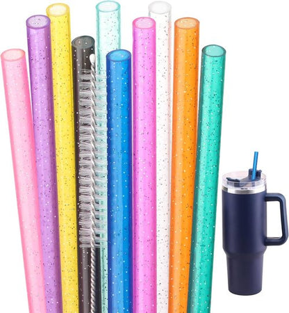 Dakoufish Glitter Straws - 10 Pack Reusable 12-Inch Straws for Stanley & Owala Tumblers | Dishwasher Safe