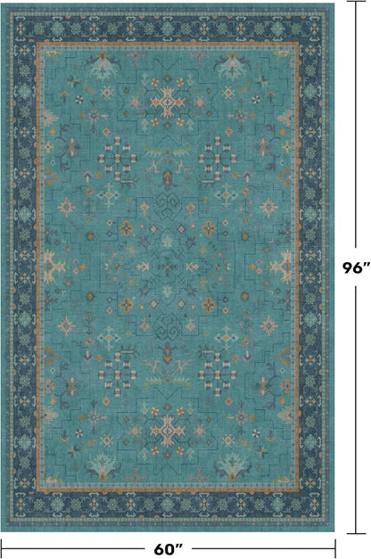 Regine Switzerland Washable 5x8 Teal Rug - Modern Floral Low-Pile, Non-Skid, Stain Resistant for Living Room & Bedroom