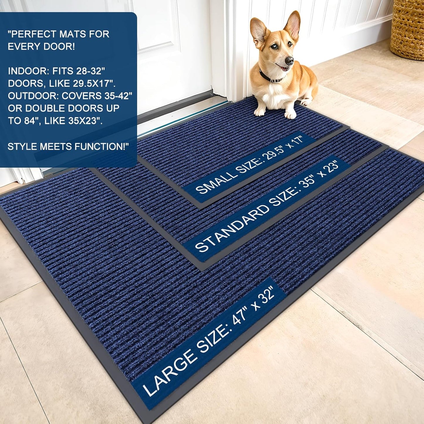 OLANLY Waterproof Heavy Duty Front Door Mat - 2-Pack, 29.5 x 17 Inch, Fade Resistant, Easy Clean, Blue