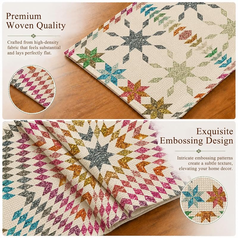 Multi Color Boho Mandala Table Runner 72in, Linen Geometric Snowflake Star