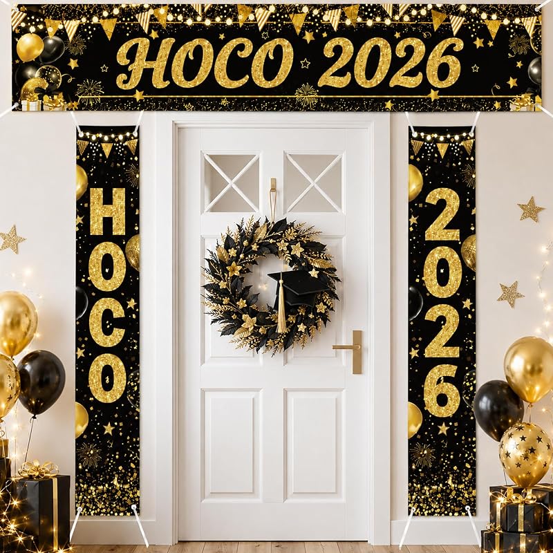 HOCO 2026 Welcome Banner Set - Black & Gold Porch Signs, 3-Piece Yard Decor for Homecoming