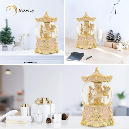 Gold & Pink 8.3" Carousel Snow Globe with Wind-Up Music Box - Meets Tune