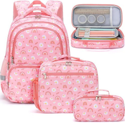 Fimibuke Kids Backpack - 3-in-1 Set with Lunch Box & Pencil Case for Girls, Ages 3-12 | Daisy Design