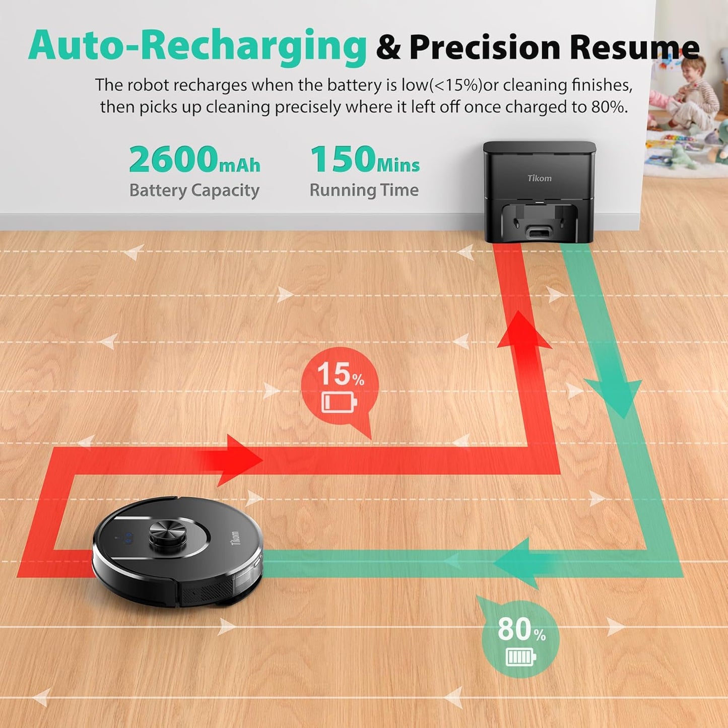 Tikom Robot Vacuum - 6000Pa Robotic Cleaner with Self-Emptying Base & LiDAR Navigation | Ideal for Pet Hair & Hard Floors (L8000 Plus)