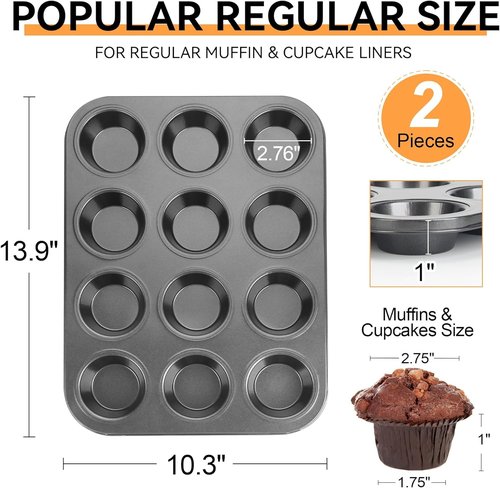 Heavy Duty Steel Muffin Tin Set - 12-Well Nonstick Cupcake Pans | Set of 2