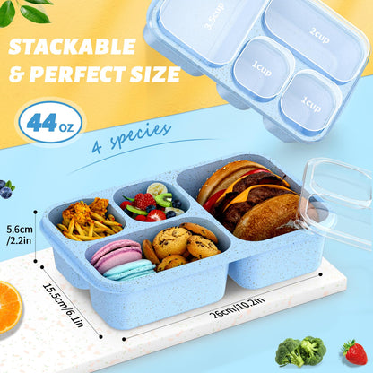 Bento Box for Adults and Snack Containers Set of 4 - Stackable, with 4 Compartments, Microwave & Dishwasher Safe, BPA Free - Reusable Meal Prep Containers for Kids and Adults (Blue)