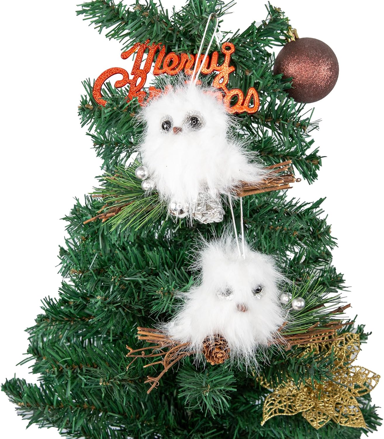 YCHTEWY White Plush Owl Christmas Ornaments - Gold Stars Winter Holiday Tree Decor | Set of 2