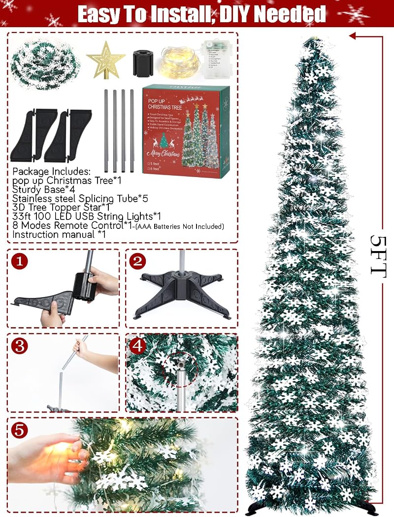 5 ft Pop Up Christmas Tree with Lights – Collapsible Tinsel Pencil Tree with Snowflake Ornaments